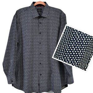 Buffalo David Bitton Mens Slim Stretch Shirt Size XL Navy White Dots Long Sleeve